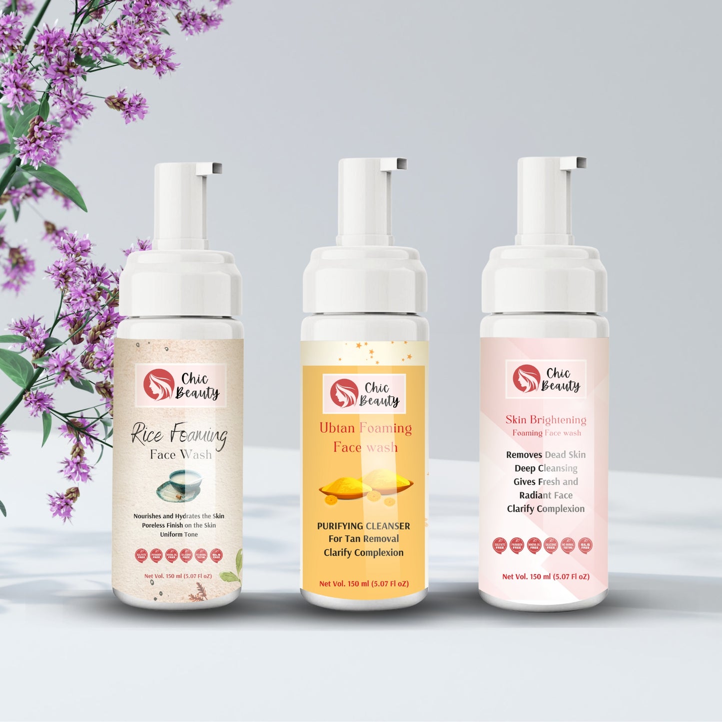 Chic Beauty Foaming Face Wash Combo (Rice Foaming Face Wash 150ml + Ubtan Foaming Face Wash 150ml + Skin Brightening Foaming Face Wash 150ml) - Chic Beauty