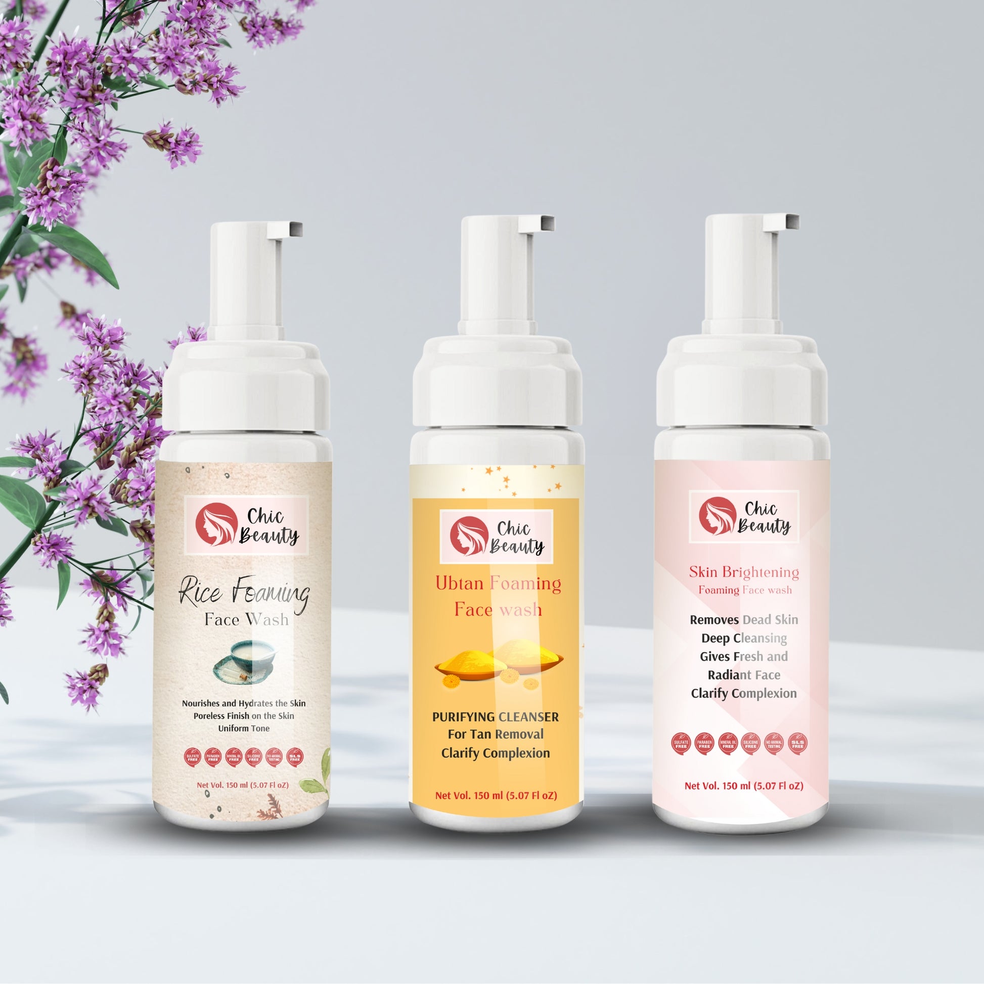 Chic Beauty Foaming Face Wash Combo (Rice Foaming Face Wash 150ml + Ubtan Foaming Face Wash 150ml + Skin Brightening Foaming Face Wash 150ml) - Chic Beauty