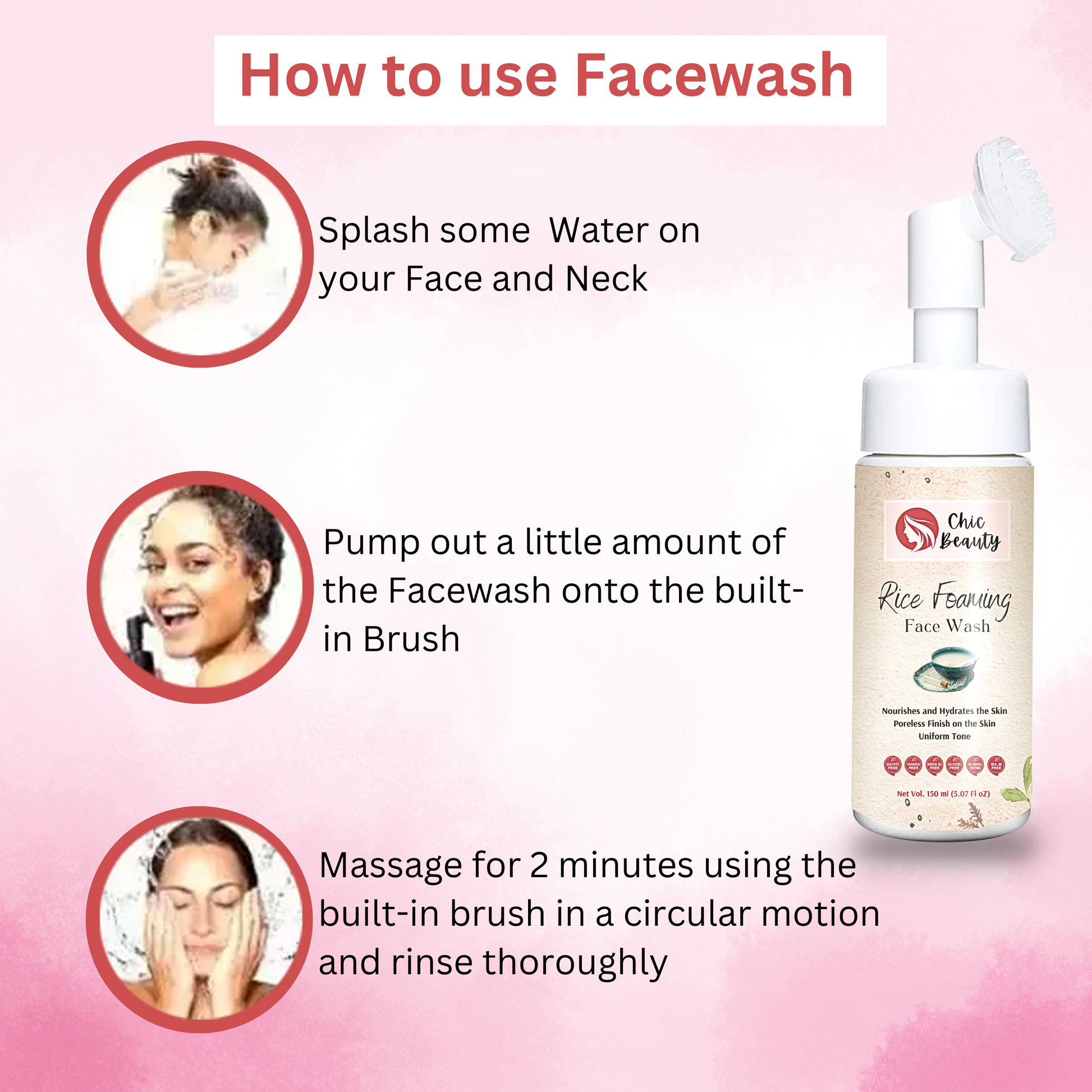 Chic Beauty 2 Foaming Face Wash Kit with Built-in Silicone Brush (Rice Foaming Face Wash 150ml + Ubtan Foaming Face Wash 150ml) - Chic Beauty