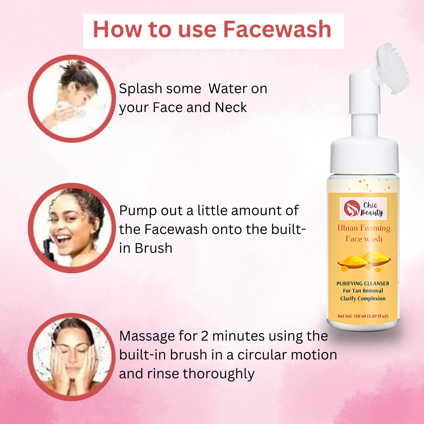 Chic Beauty 2 Foaming Face Wash Kit with Built-in Silicone Brush (Rice Foaming Face Wash 150ml + Ubtan Foaming Face Wash 150ml) - Chic Beauty
