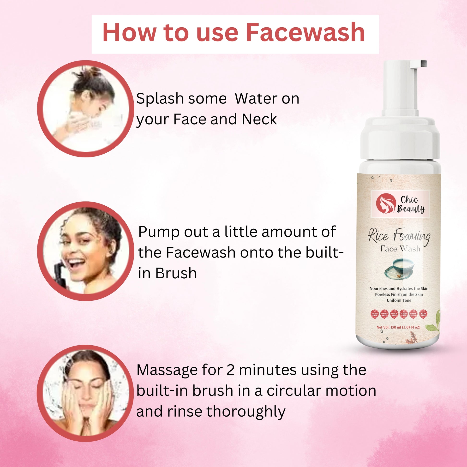 Chic Beauty Rice Foaming Face Wash 150ml Rich in Antioxidants, Vitamins, and Minerals for Nourish and Brighten Skin. - Chic Beauty