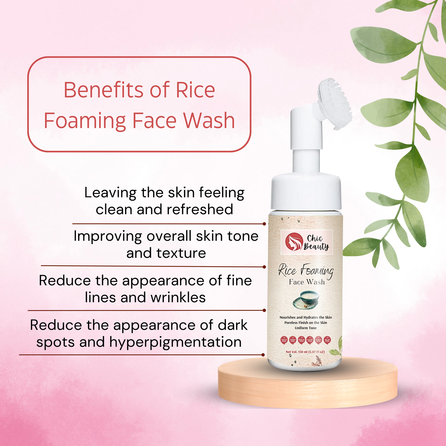 Chic Beauty Foaming Face Wash Combo with Built-in Silicone Brush (Rice Foaming Face Wash 150ml + Ubtan Foaming Face Wash 150ml + Skin Brightening Foaming Face Wash 150ml) - Chic Beauty