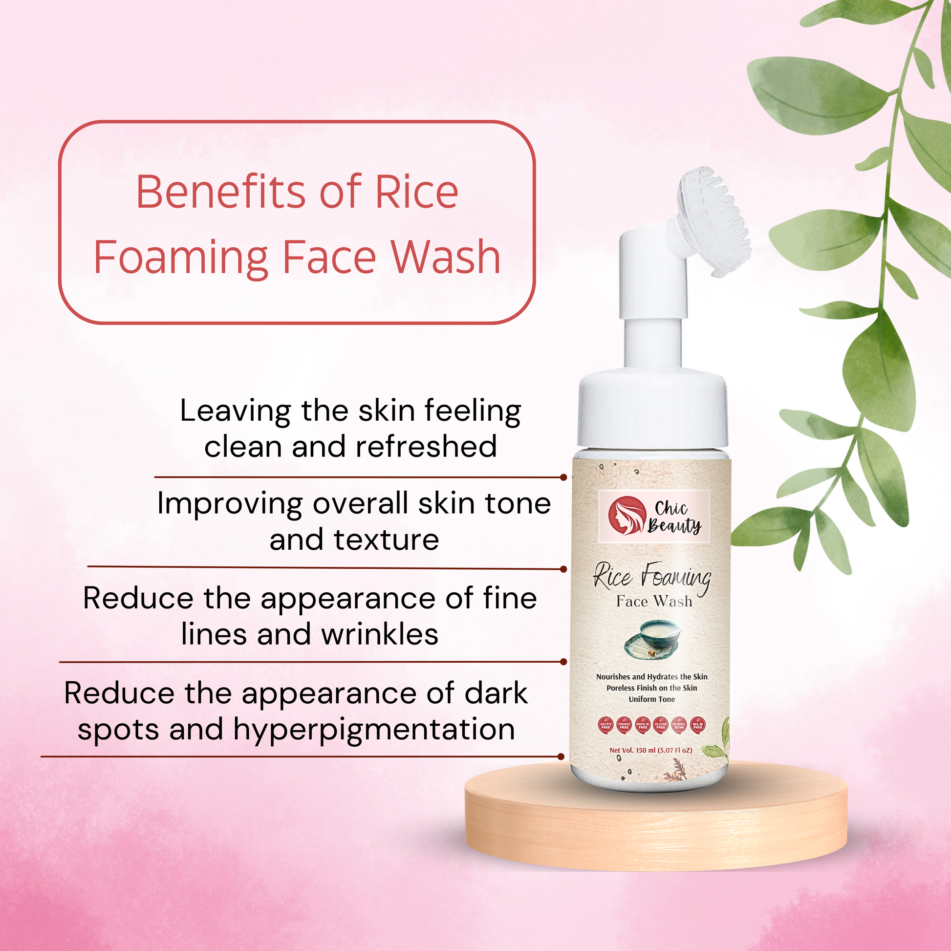 Chic Beauty Foaming Face Wash Combo with Built-in Silicone Brush (Rice Foaming Face Wash 150ml + Ubtan Foaming Face Wash 150ml + Skin Brightening Foaming Face Wash 150ml) - Chic Beauty
