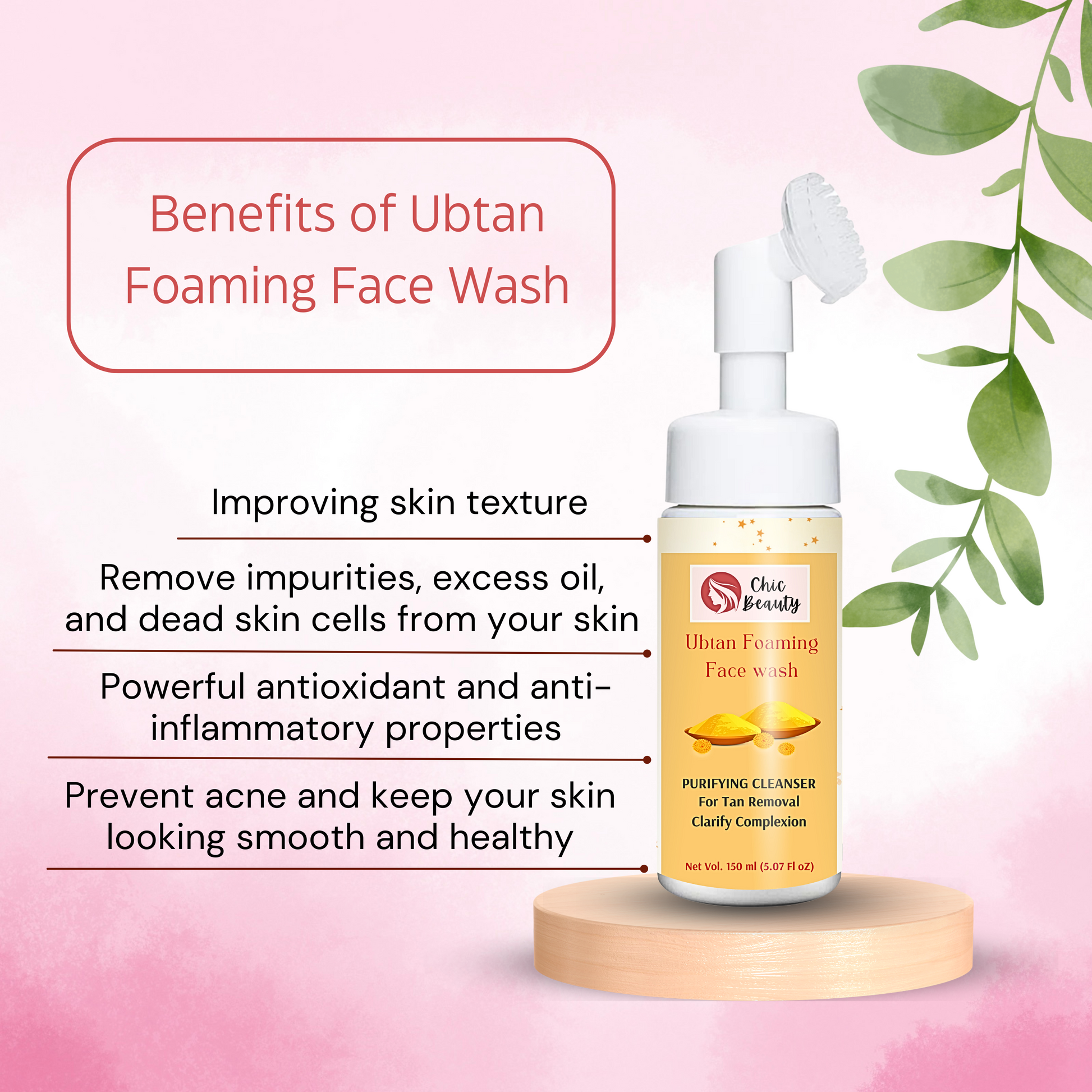 Chic Beauty Foaming Face Wash Combo with Built-in Silicone Brush (Rice Foaming Face Wash 150ml + Ubtan Foaming Face Wash 150ml + Skin Brightening Foaming Face Wash 150ml) - Chic Beauty