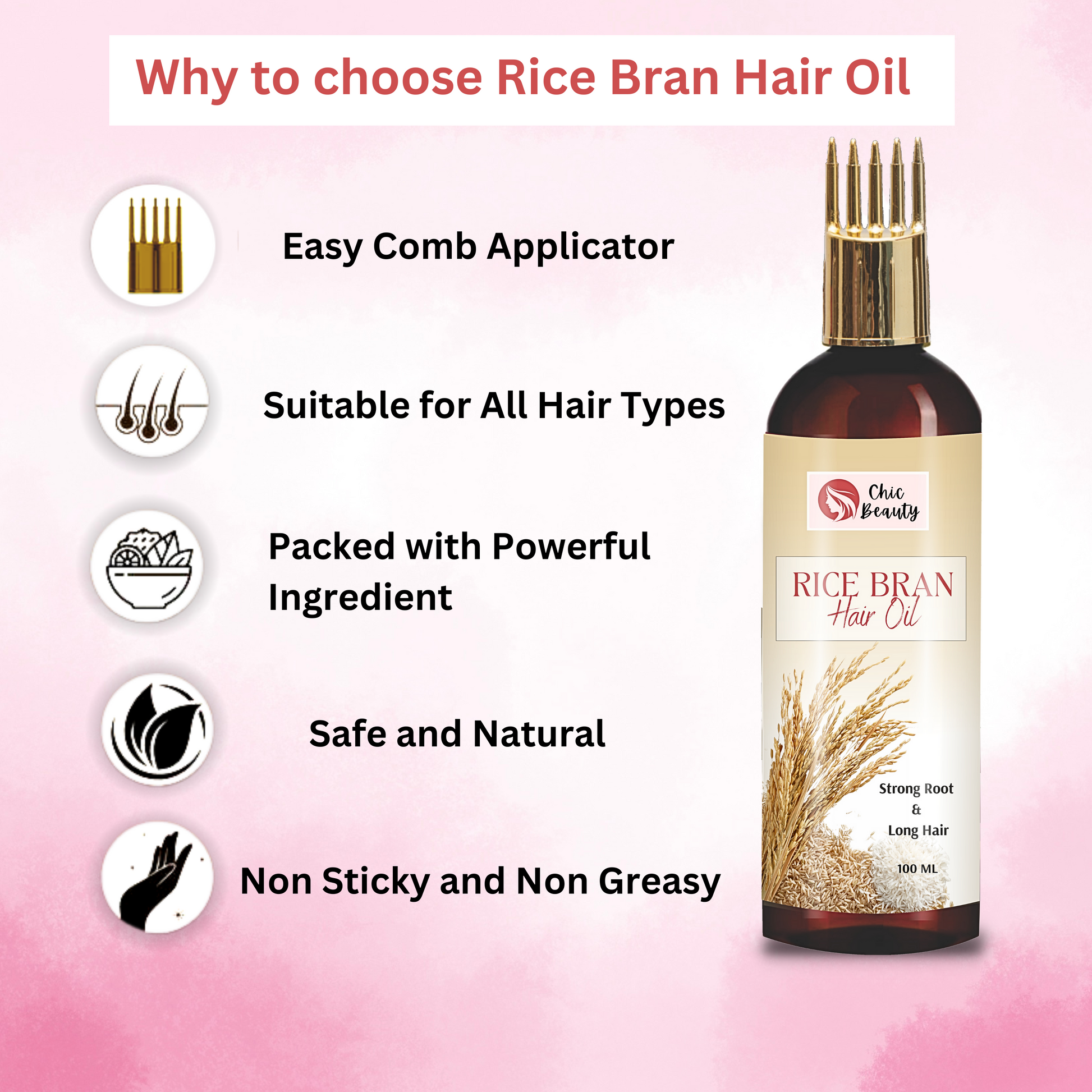 Chic Beauty Hair Care Kit for Long, Shiny and Strong Hair (Rice Bran Hair oil 100ML + Rice Water Shampoo 300ml + Rice Water Conditioner 300ml ) - Chic Beauty