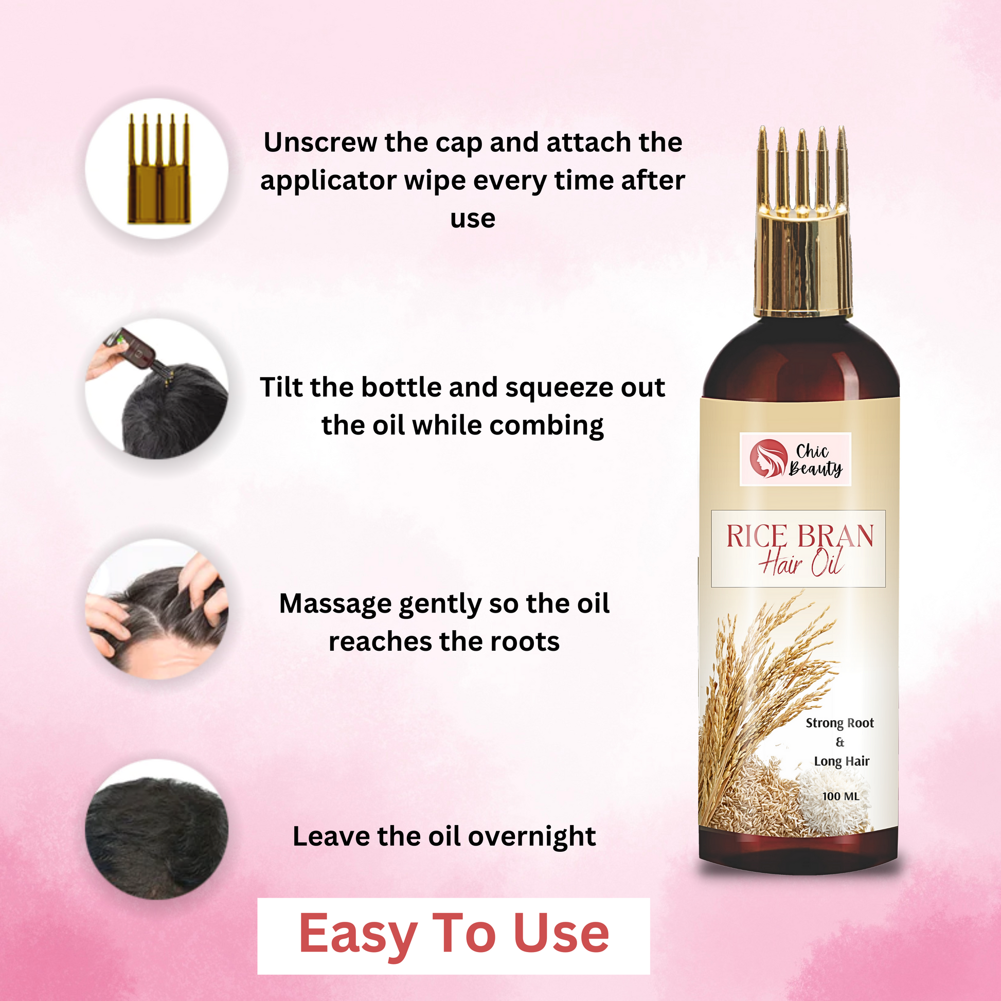 Chic Beauty  Rice Water Kit for Strong Root and Long Hair (Rice Bran Hair oil 100ML + Rice Foaming Face Wash with Built-in Silicone Brush 150ml + Rice Water Shampoo 300ml + Rice Water Conditioner 300ml + Hair Growth Serum 30ML) - Chic Beauty