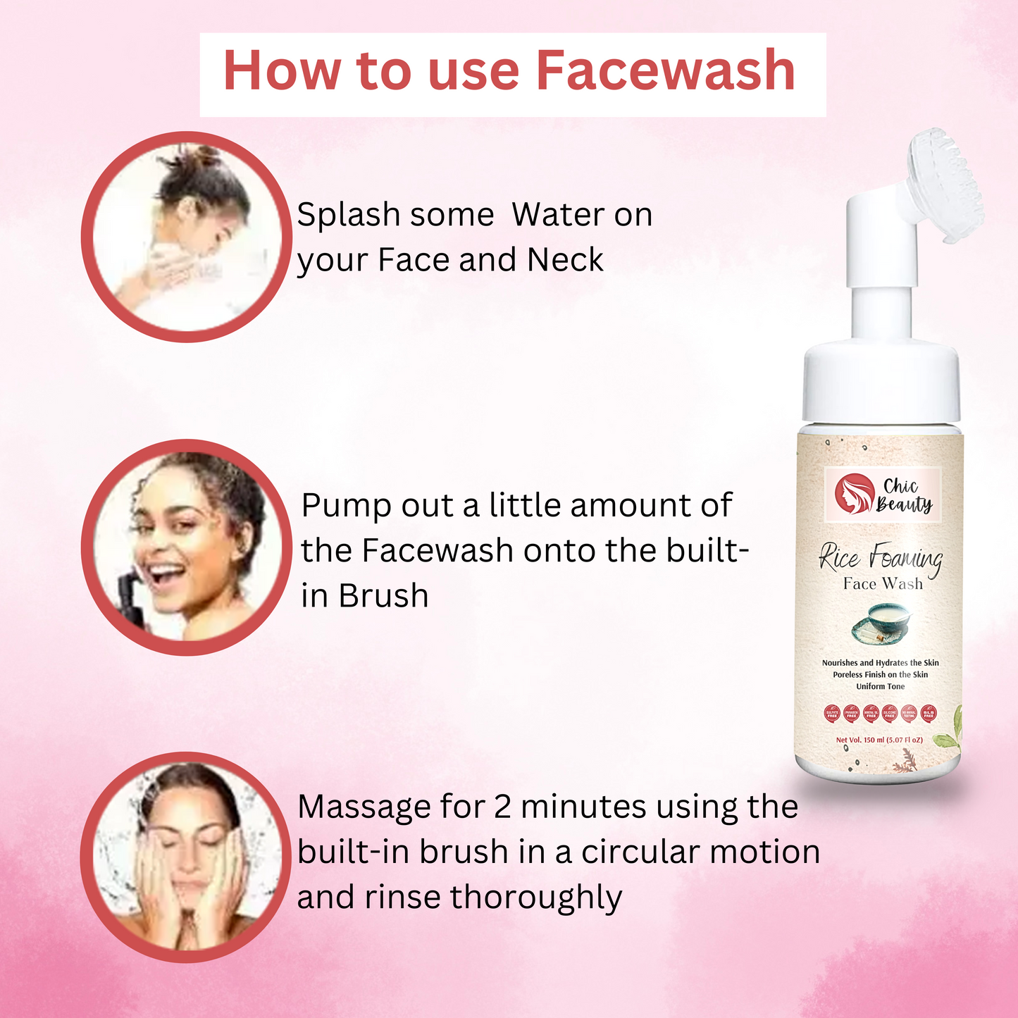 Chic Beauty Foaming Face Wash Combo with Built-in Silicone Brush (Rice Foaming Face Wash 150ml + Ubtan Foaming Face Wash 150ml + Skin Brightening Foaming Face Wash 150ml) - Chic Beauty