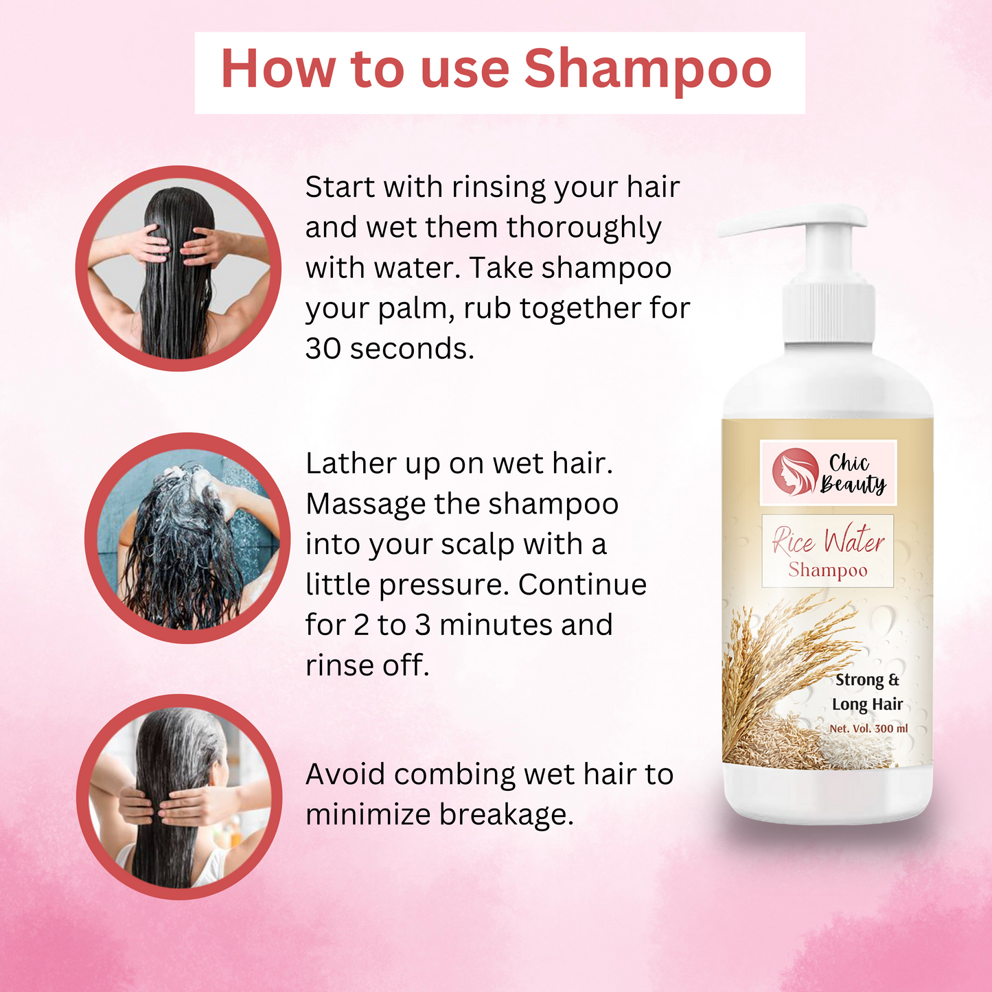 Chic Beauty Hair Care Kit for Strong Root and Long Hair (Rice Bran Hair oil 100ML + Rice Water Shampoo 300ml + Rice Water Conditioner 300ml + Hair Growth Serum 30ML) - Chic Beauty