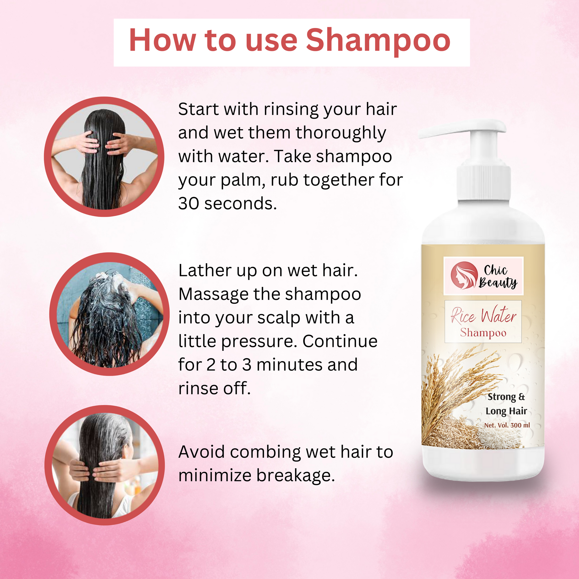 Chic Beauty Hair Care Kit for Strong Root and Long Hair (Rice Bran Hair oil 100ML + Rice Water Shampoo 300ml + Rice Water Conditioner 300ml + Hair Growth Serum 30ML) - Chic Beauty